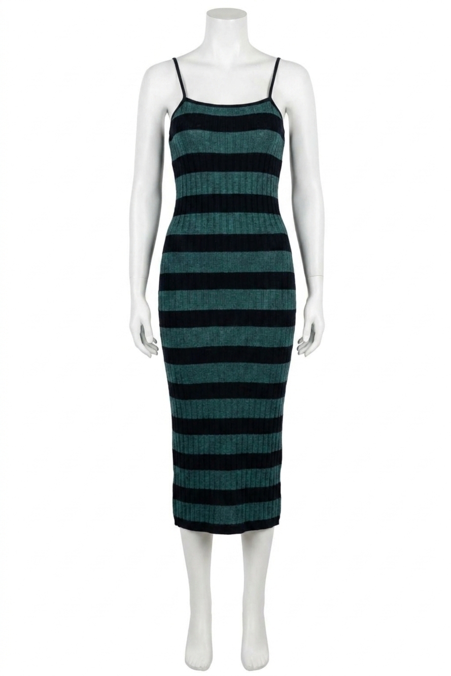 NEW BUCKETLIST stripe print ribbed bodycon long dress in teal